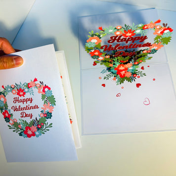 Happy Valentine's Day - Floral Love Heart Wreath 3D POP UP GREETING CARD - Created by Origami Pop Cards Australian Design & Handmade 3D Pop Up Magical Paper Cards, Handmade Pop Up Cards Happy Valentine's Day Celebrate Love Heart Fell and Romantic