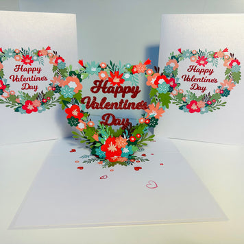 Happy Valentine's Day - Floral Love Heart Wreath 3D POP UP GREETING CARD - Created by Origami Pop Cards Australian Design & Handmade 3D Pop Up Magical Paper Cards, Handmade Pop Up Cards Happy Valentine's Day Celebrate Love Heart Fell and Romantic