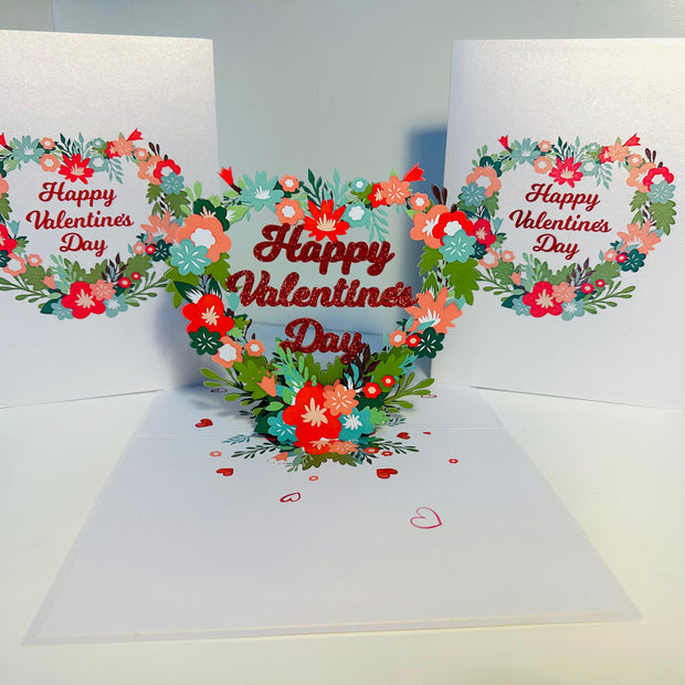 Happy Valentine's Day - Floral Love Heart Wreath 3D POP UP GREETING CARD - Created by Origami Pop Cards Australian Design & Handmade 3D Pop Up Magical Paper Cards, Handmade Pop Up Cards Happy Valentine's Day Celebrate Love Heart Fell and Romantic