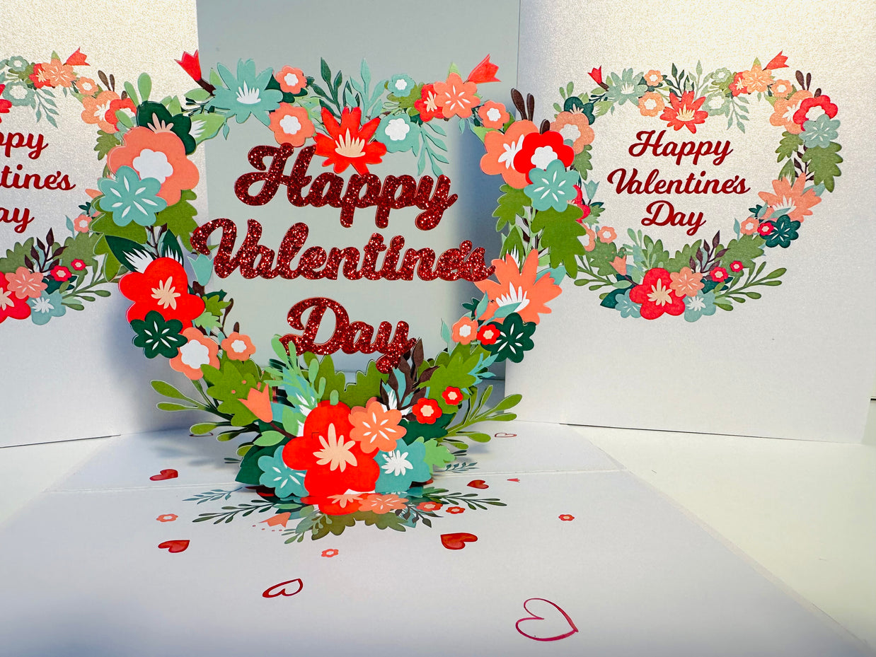 Happy Valentine's Day - Floral Love Heart Wreath 3D POP UP GREETING CARD - Created by Origami Pop Cards Australian Design & Handmade 3D Pop Up Magical Paper Cards, Handmade Pop Up Cards Happy Valentine's Day Celebrate Love Heart Fell and Romantic