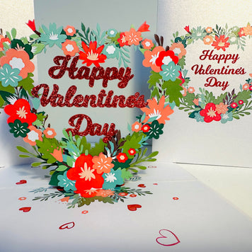 Happy Valentine's Day - Floral Love Heart Wreath 3D POP UP GREETING CARD - Created by Origami Pop Cards Australian Design & Handmade 3D Pop Up Magical Paper Cards, Handmade Pop Up Cards Happy Valentine's Day Celebrate Love Heart Fell and Romantic