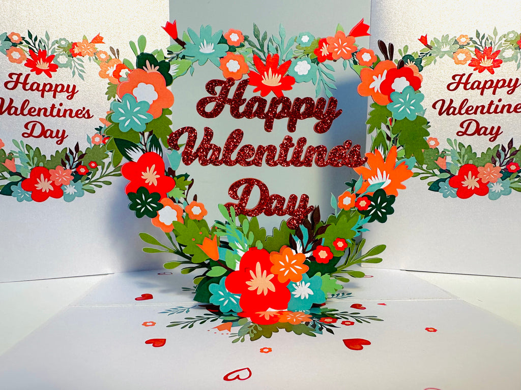 Happy Valentine's Day - Floral Love Heart Wreath 3D POP UP GREETING CARD - Created by Origami Pop Cards Australian Design & Handmade 3D Pop Up Magical Paper Cards, Handmade Pop Up Cards Happy Valentine's Day Celebrate Love Heart Fell and Romantic