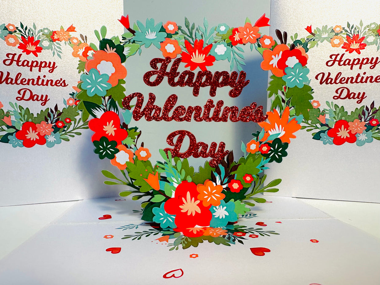 Happy Valentine's Day - Floral Love Heart Wreath 3D POP UP GREETING CARD - Created by Origami Pop Cards Australian Design & Handmade 3D Pop Up Magical Paper Cards, Handmade Pop Up Cards Happy Valentine's Day Celebrate Love Heart Fell and Romantic