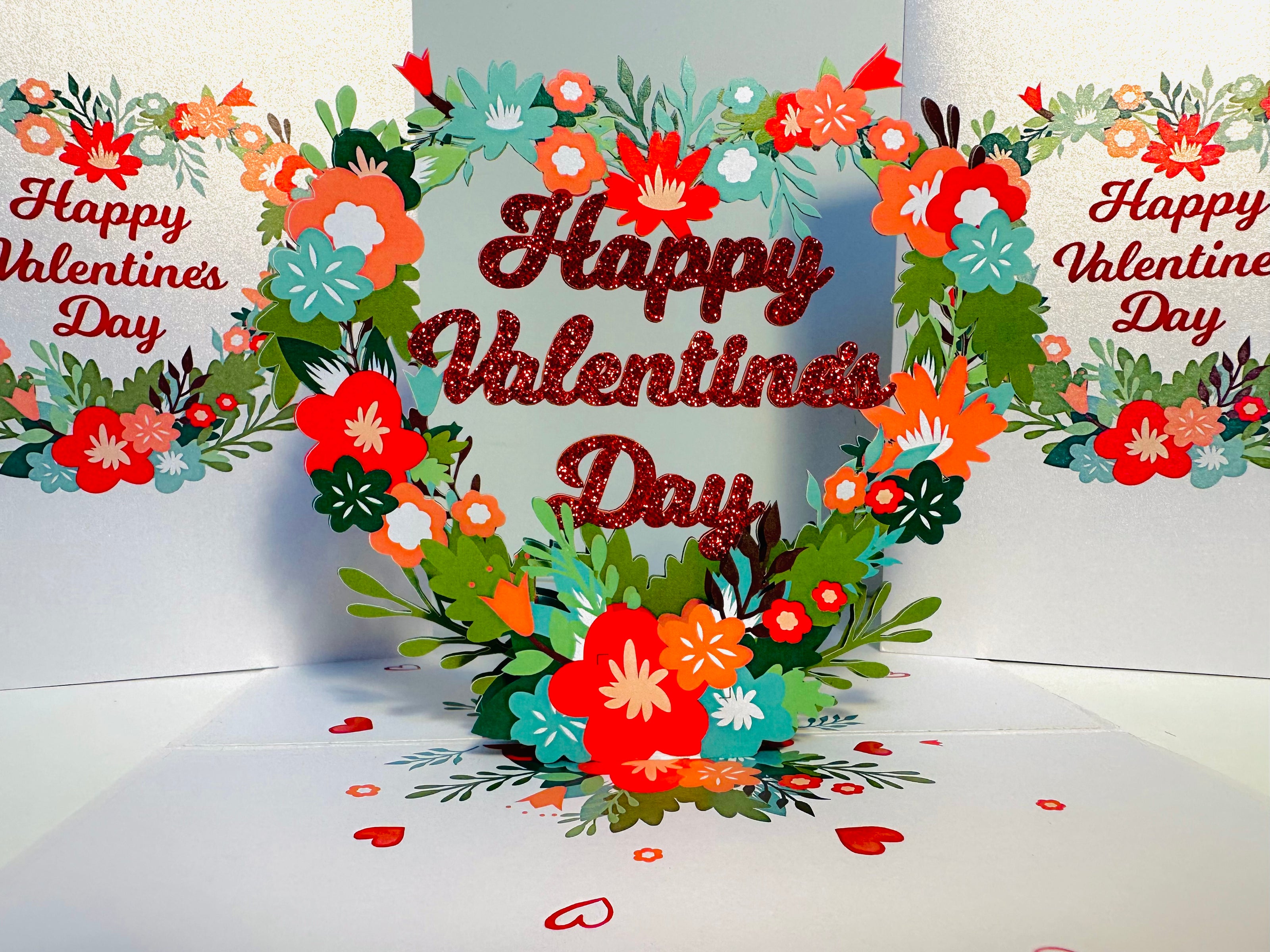 Happy Valentine's Day - Floral Love Heart Wreath 3D POP UP GREETING CARD - Created by Origami Pop Cards Australian Design & Handmade 3D Pop Up Magical Paper Cards, Handmade Pop Up Cards Happy Valentine's Day Celebrate Love Heart Fell and Romantic