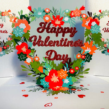 Happy Valentine's Day - Floral Love Heart Wreath 3D POP UP GREETING CARD - Created by Origami Pop Cards Australian Design & Handmade 3D Pop Up Magical Paper Cards, Handmade Pop Up Cards Happy Valentine's Day Celebrate Love Heart Fell and Romantic