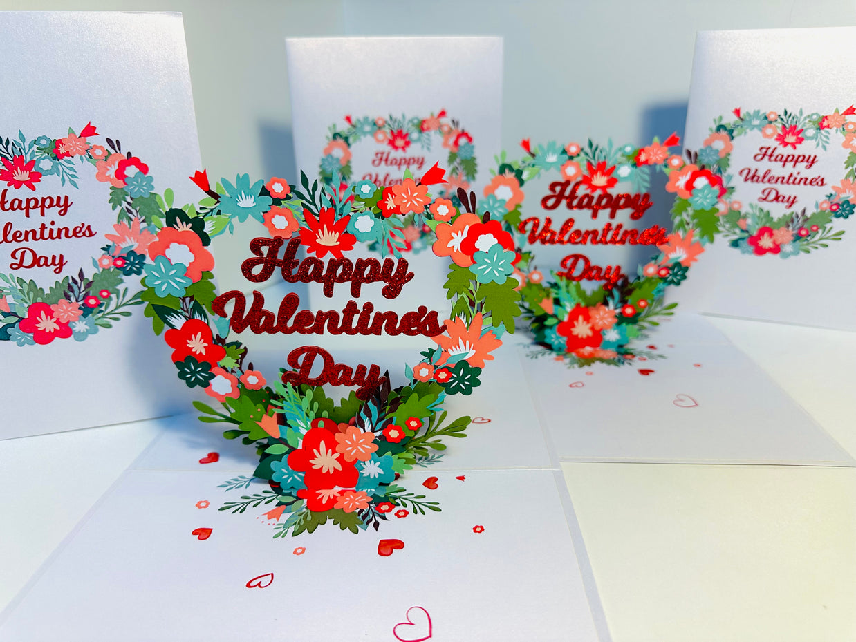 Happy Valentine's Day - Floral Love Heart Wreath 3D POP UP GREETING CARD - Created by Origami Pop Cards Australian Design & Handmade 3D Pop Up Magical Paper Cards, Handmade Pop Up Cards Happy Valentine's Day Celebrate Love Heart Fell and Romantic