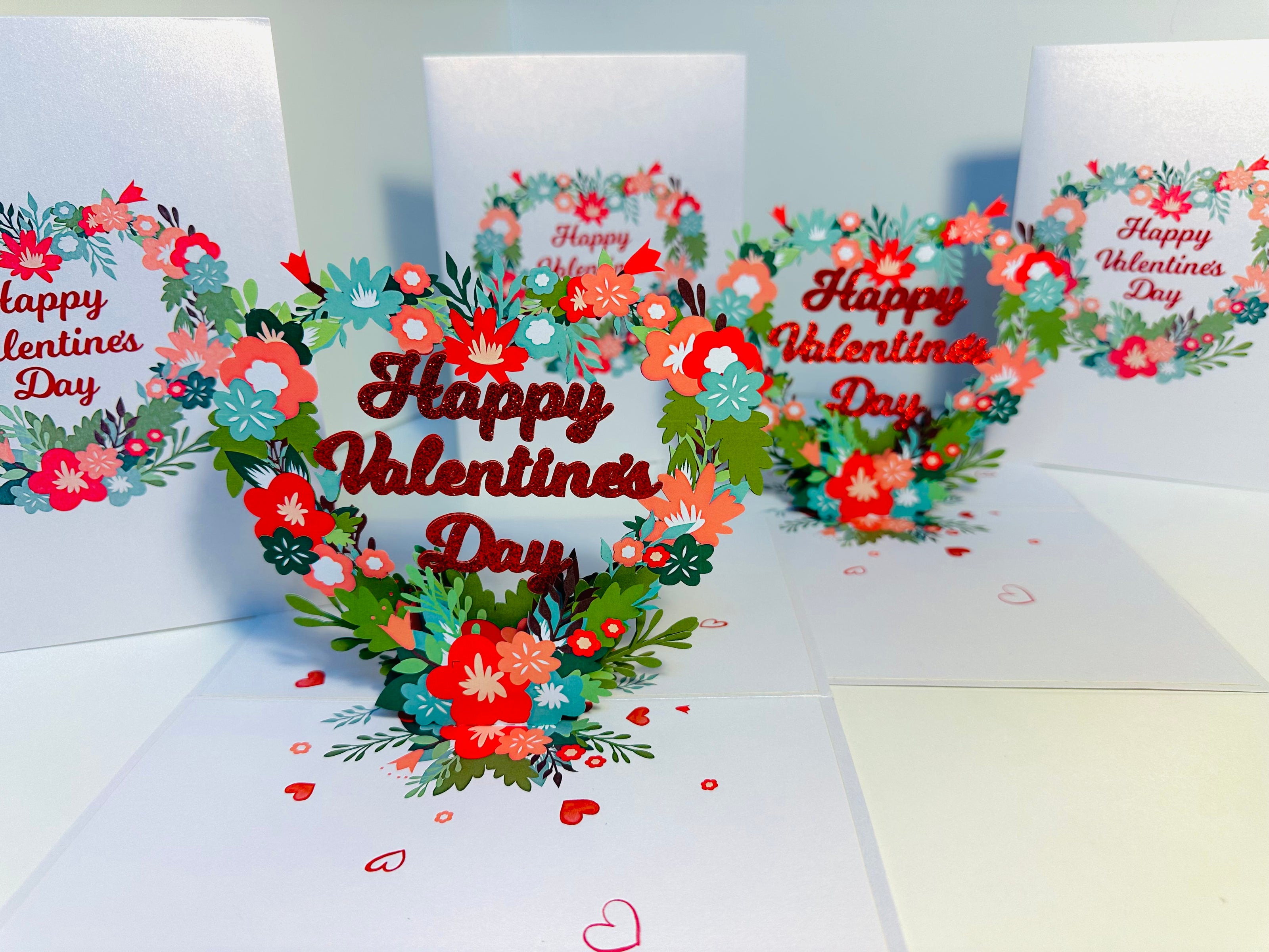 Happy Valentine's Day - Floral Love Heart Wreath 3D POP UP GREETING CARD - Created by Origami Pop Cards Australian Design & Handmade 3D Pop Up Magical Paper Cards, Handmade Pop Up Cards Happy Valentine's Day Celebrate Love Heart Fell and Romantic
