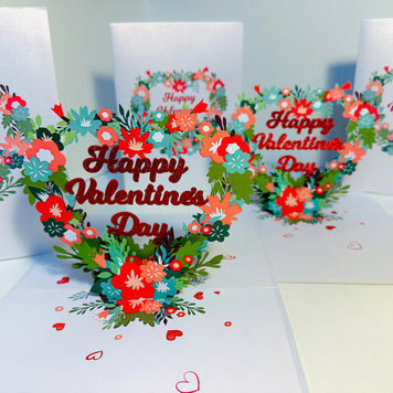 Happy Valentine's Day - Floral Love Heart Wreath 3D POP UP GREETING CARD - Created by Origami Pop Cards Australian Design & Handmade 3D Pop Up Magical Paper Cards, Handmade Pop Up Cards Happy Valentine's Day Celebrate Love Heart Fell and Romantic