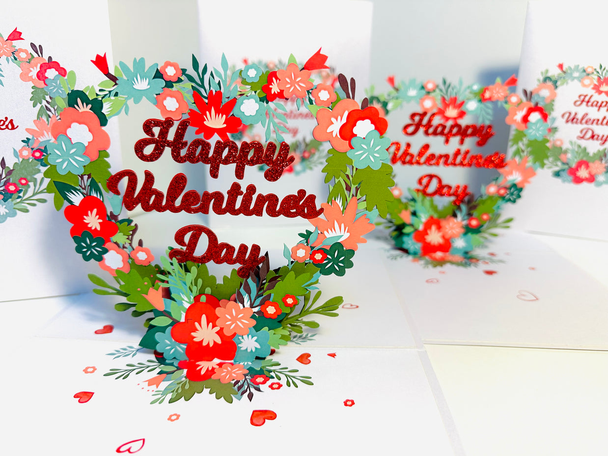 Happy Valentine's Day - Floral Love Heart Wreath 3D POP UP GREETING CARD - Created by Origami Pop Cards Australian Design & Handmade 3D Pop Up Magical Paper Cards, Handmade Pop Up Cards Happy Valentine's Day Celebrate Love Heart Fell and Romantic