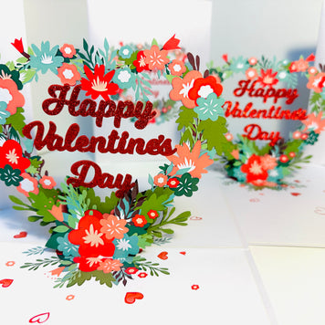 Happy Valentine's Day - Floral Love Heart Wreath 3D POP UP GREETING CARD - Created by Origami Pop Cards Australian Design & Handmade 3D Pop Up Magical Paper Cards, Handmade Pop Up Cards Happy Valentine's Day Celebrate Love Heart Fell and Romantic