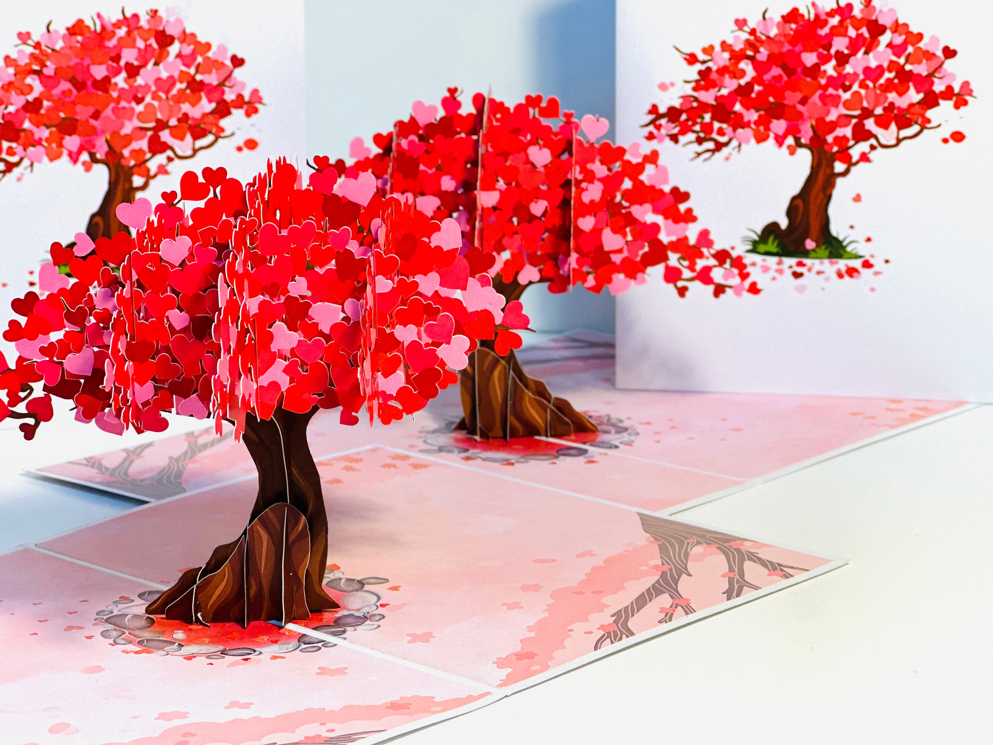 Hot Pink Love Heart Cherry Blossom Tree 3D POP UP GREETING CARD - Created by Origami Pop Cards Australian Design & Handmade 3D Pop Up Magical Paper Cards, Handmade Pop Up Cards Happy Valentine's Day Celebrate Love Heart Fell and Romantic