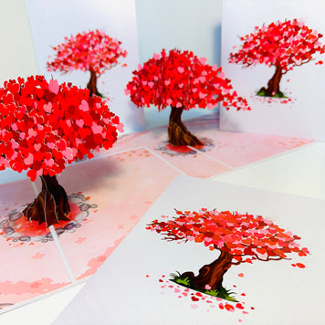 Hot Pink Love Heart Cherry Blossom Tree 3D POP UP GREETING CARD - Created by Origami Pop Cards Australian Design & Handmade 3D Pop Up Magical Paper Cards, Handmade Pop Up Cards Happy Valentine's Day Celebrate Love Heart Fell and Romantic