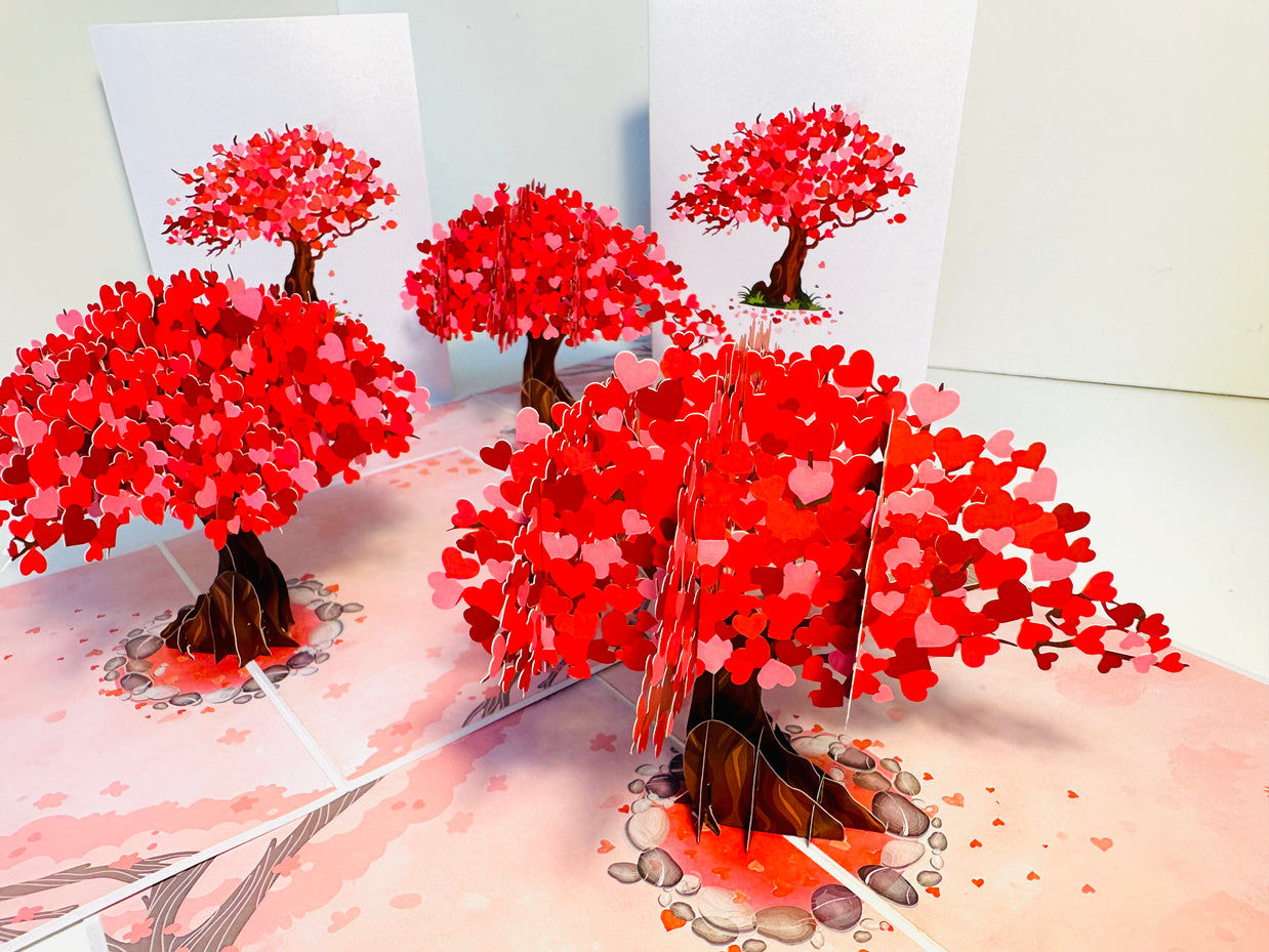 Hot Pink Love Heart Cherry Blossom Tree 3D POP UP GREETING CARD - Created by Origami Pop Cards Australian Design & Handmade 3D Pop Up Magical Paper Cards, Handmade Pop Up Cards Happy Valentine's Day Celebrate Love Heart Fell and Romantic