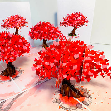 Hot Pink Love Heart Cherry Blossom Tree 3D POP UP GREETING CARD - Created by Origami Pop Cards Australian Design & Handmade 3D Pop Up Magical Paper Cards, Handmade Pop Up Cards Happy Valentine's Day Celebrate Love Heart Fell and Romantic