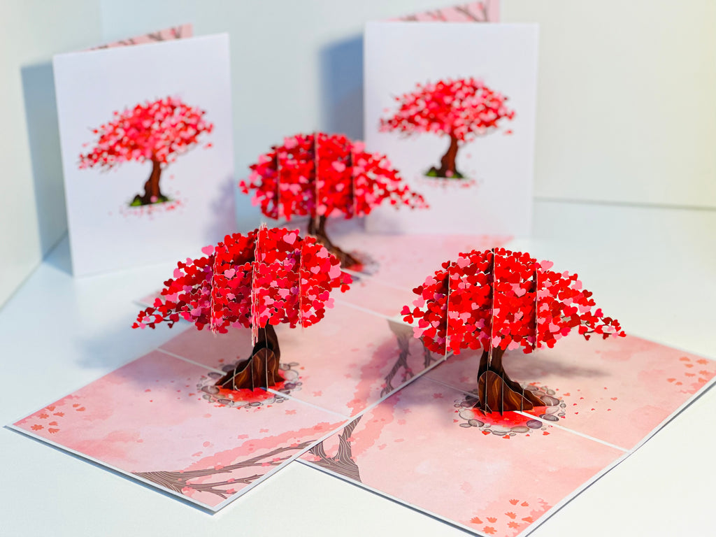 Hot Pink Love Heart Cherry Blossom Tree 3D POP UP GREETING CARD - Created by Origami Pop Cards Australian Design & Handmade 3D Pop Up Magical Paper Cards, Handmade Pop Up Cards Happy Valentine's Day Celebrate Love Heart Fell and Romantic