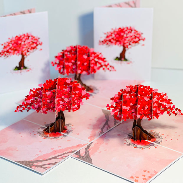 Hot Pink Love Heart Cherry Blossom Tree 3D POP UP GREETING CARD - Created by Origami Pop Cards Australian Design & Handmade 3D Pop Up Magical Paper Cards, Handmade Pop Up Cards Happy Valentine's Day Celebrate Love Heart Fell and Romantic