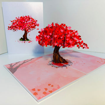 Hot Pink Love Heart Cherry Blossom Tree 3D POP UP GREETING CARD - Created by Origami Pop Cards Australian Design & Handmade 3D Pop Up Magical Paper Cards, Handmade Pop Up Cards Happy Valentine's Day Celebrate Love Heart Fell and Romantic