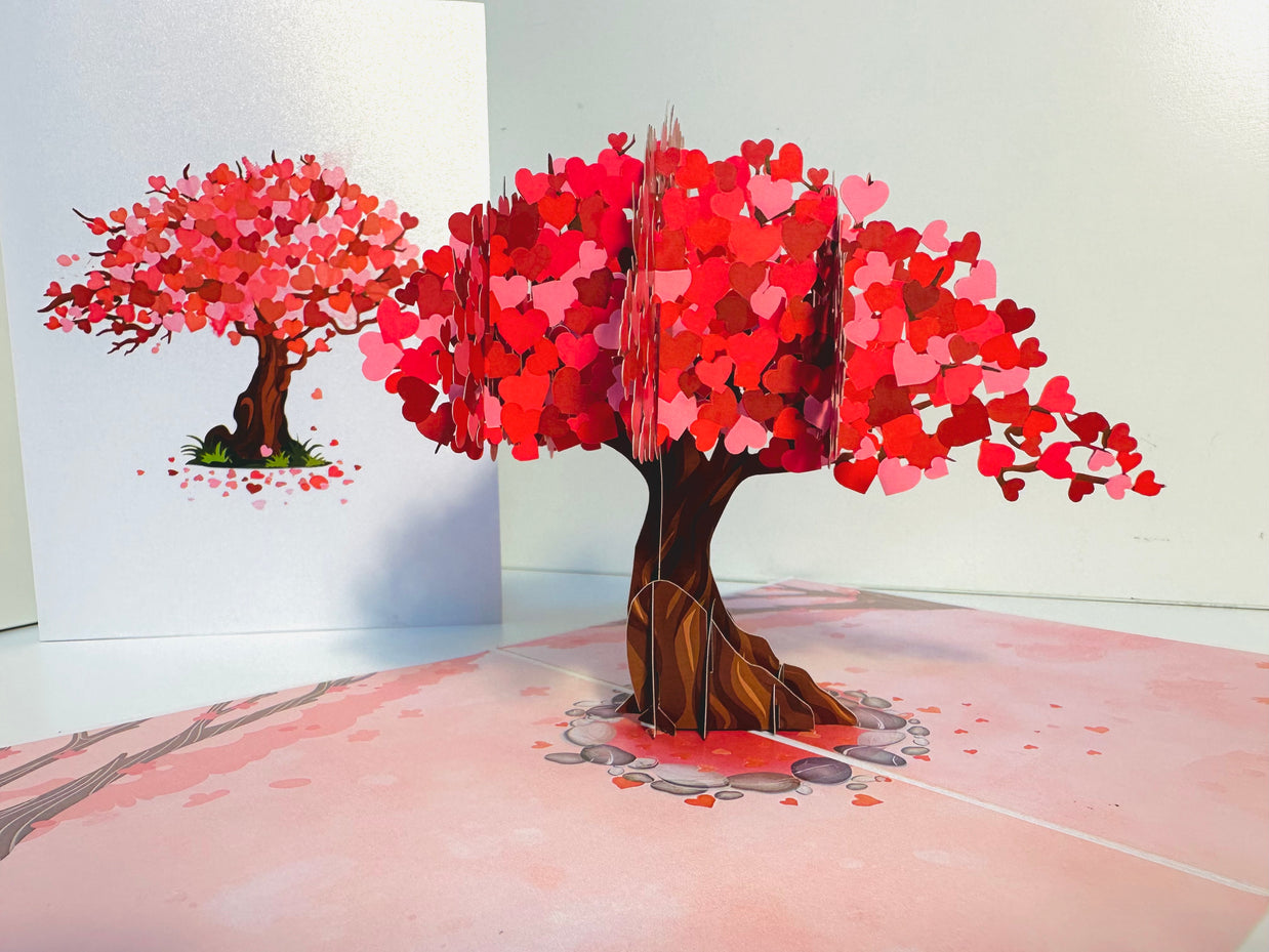Hot Pink Love Heart Cherry Blossom Tree 3D POP UP GREETING CARD - Created by Origami Pop Cards Australian Design & Handmade 3D Pop Up Magical Paper Cards, Handmade Pop Up Cards Happy Valentine's Day Celebrate Love Heart Fell and Romantic