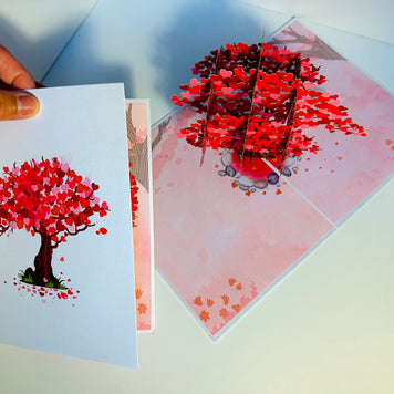 Hot Pink Love Heart Cherry Blossom Tree 3D POP UP GREETING CARD - Created by Origami Pop Cards Australian Design & Handmade 3D Pop Up Magical Paper Cards, Handmade Pop Up Cards Happy Valentine's Day Celebrate Love Heart Fell and Romantic
