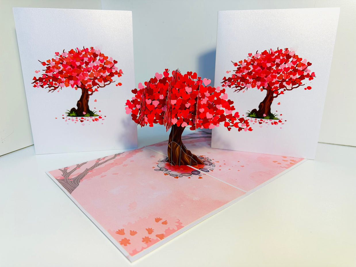 Hot Pink Love Heart Cherry Blossom Tree 3D POP UP GREETING CARD - Created by Origami Pop Cards Australian Design & Handmade 3D Pop Up Magical Paper Cards, Handmade Pop Up Cards Happy Valentine's Day Celebrate Love Heart Fell and Romantic