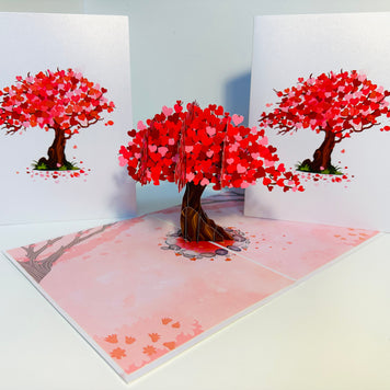 Hot Pink Love Heart Cherry Blossom Tree 3D POP UP GREETING CARD - Created by Origami Pop Cards Australian Design & Handmade 3D Pop Up Magical Paper Cards, Handmade Pop Up Cards Happy Valentine's Day Celebrate Love Heart Fell and Romantic