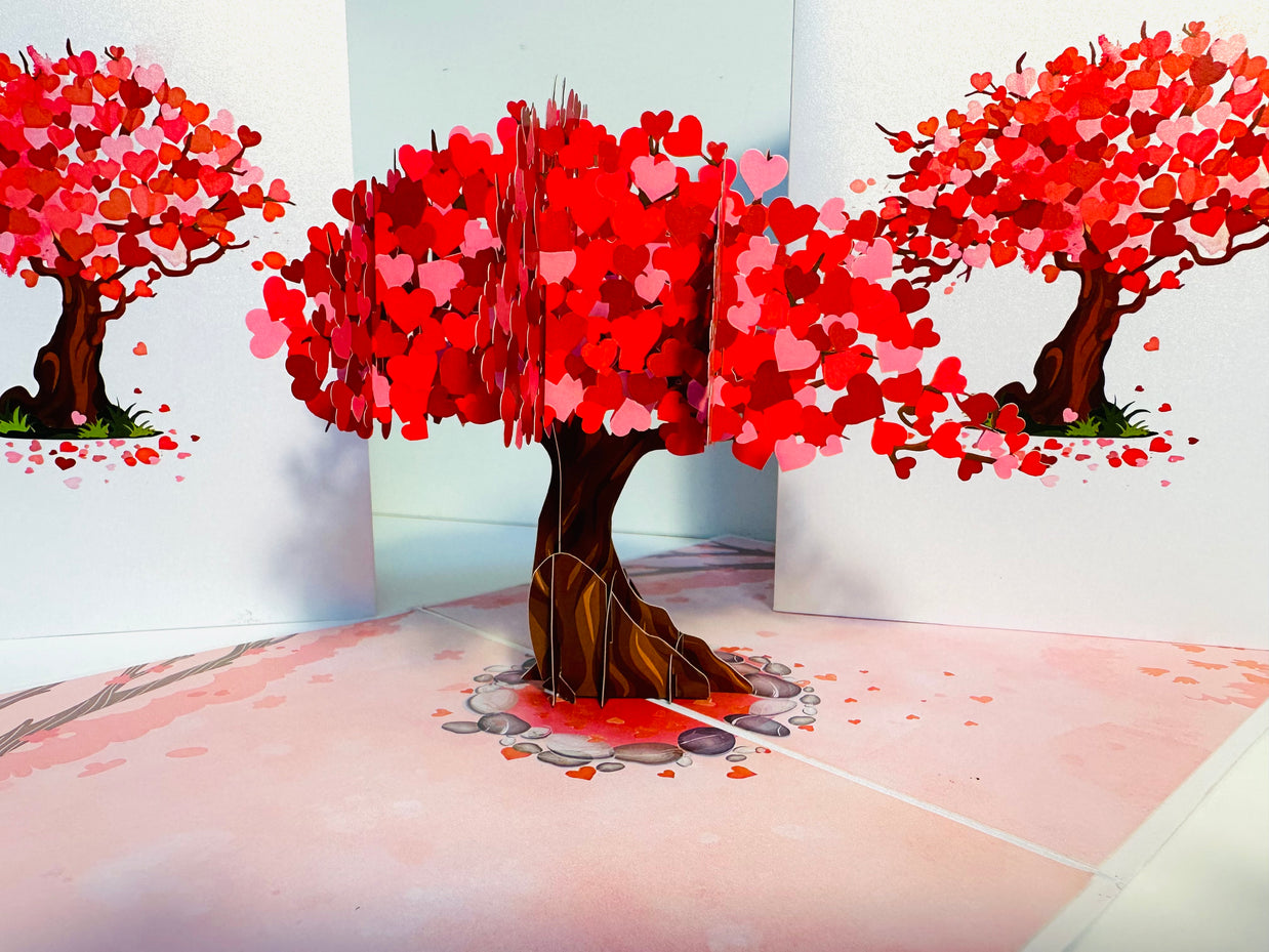 Hot Pink Love Heart Cherry Blossom Tree 3D POP UP GREETING CARD - Created by Origami Pop Cards Australian Design & Handmade 3D Pop Up Magical Paper Cards, Handmade Pop Up Cards Happy Valentine's Day Celebrate Love Heart Fell and Romantic