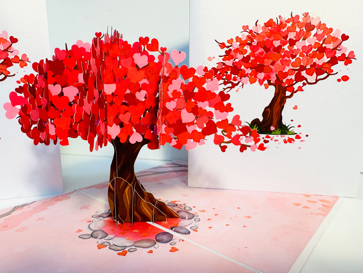 Hot Pink Love Heart Cherry Blossom Tree 3D POP UP GREETING CARD - Created by Origami Pop Cards Australian Design & Handmade 3D Pop Up Magical Paper Cards, Handmade Pop Up Cards Happy Valentine's Day Celebrate Love Heart Fell and Romantic