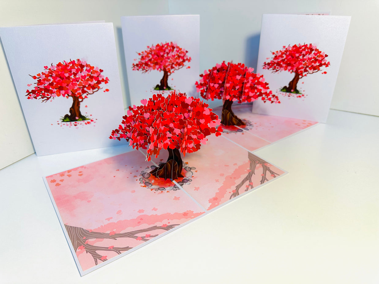 Hot Pink Love Heart Cherry Blossom Tree 3D POP UP GREETING CARD - Created by Origami Pop Cards Australian Design & Handmade 3D Pop Up Magical Paper Cards, Handmade Pop Up Cards Happy Valentine's Day Celebrate Love Heart Fell and Romantic