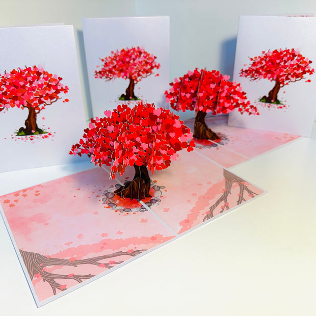 Hot Pink Love Heart Cherry Blossom Tree 3D POP UP GREETING CARD - Created by Origami Pop Cards Australian Design & Handmade 3D Pop Up Magical Paper Cards, Handmade Pop Up Cards Happy Valentine's Day Celebrate Love Heart Fell and Romantic