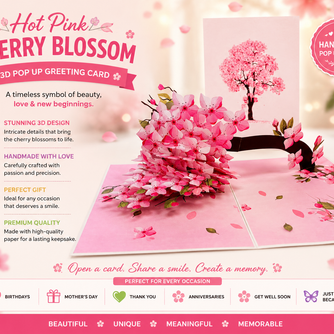 Hot Pink Weeping Cherry Blossom Sakura Tree Origami Pop Cards 3D Pop Up Greeting Card Best Wishes Happy Birthday Gift Thank You Handmade Best Wishes Blank Card for Any Occasion Happy Mother's Day Happy Father's Day Celebrate The Beauty of Flower