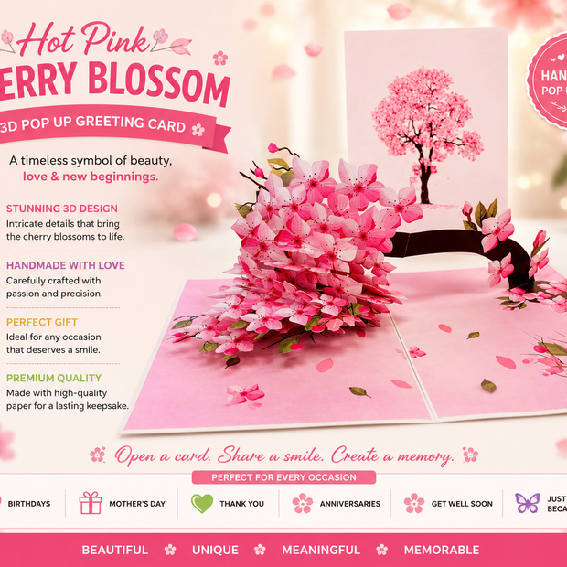 Hot Pink Weeping Cherry Blossom Sakura Tree Origami Pop Cards 3D Pop Up Greeting Card Best Wishes Happy Birthday Gift Thank You Handmade Best Wishes Blank Card for Any Occasion Happy Mother's Day Happy Father's Day Celebrate The Beauty of Flower
