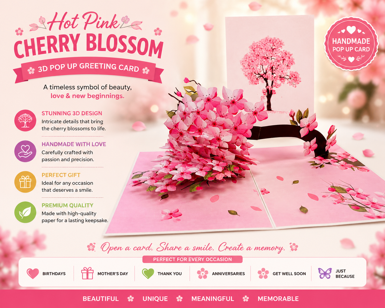 Hot Pink Weeping Cherry Blossom Sakura Tree Origami Pop Cards 3D Pop Up Greeting Card Best Wishes Happy Birthday Gift Thank You Handmade Best Wishes Blank Card for Any Occasion Happy Mother's Day Happy Father's Day Celebrate The Beauty of Flower
