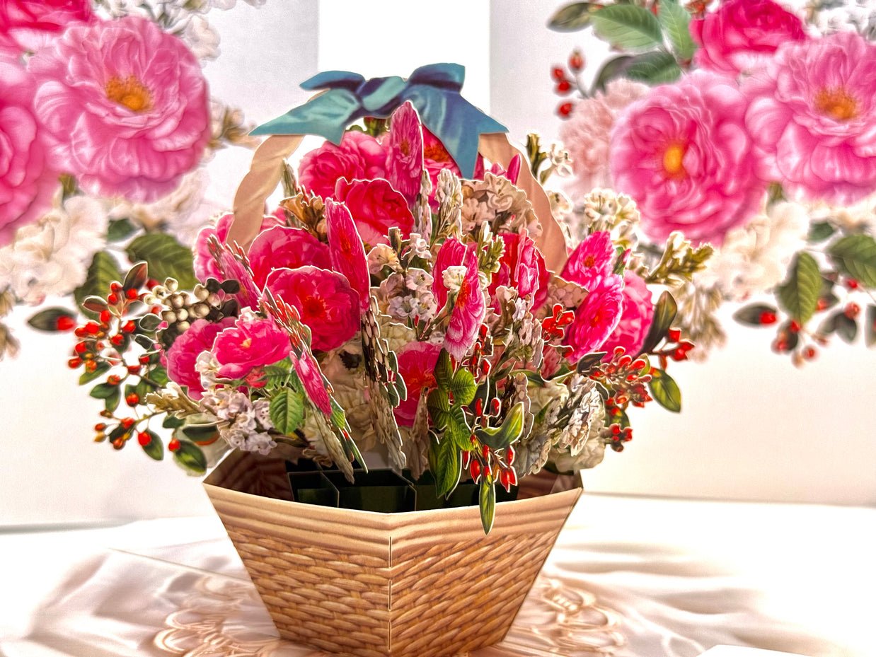 Hot Pink & White Peony Rose Basket Origami Pop Cards 3D Pop Up Greeting Card Happy Birthday Thank You Handmade Gift Thinking of You Blank Card for Any Occasion Happy Mother's Day Happy Father's Australiana Celebrate the Beauty of Flower and Romantic