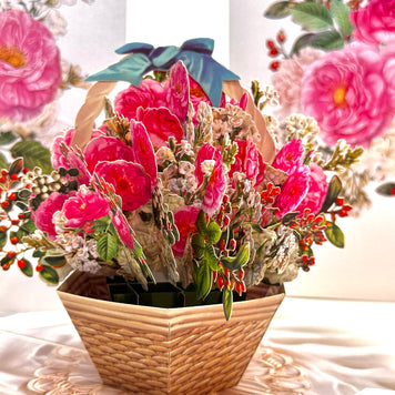 Hot Pink & White Peony Rose Basket Origami Pop Cards 3D Pop Up Greeting Card Happy Birthday Thank You Handmade Gift Thinking of You Blank Card for Any Occasion Happy Mother's Day Happy Father's Australiana Celebrate the Beauty of Flower and Romantic
