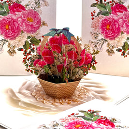 Hot Pink & White Peony Rose Basket Origami Pop Cards 3D Pop Up Greeting Card Happy Birthday Thank You Handmade Gift Thinking of You Blank Card for Any Occasion Happy Mother's Day Happy Father's Australiana Celebrate the Beauty of Flower and Romantic