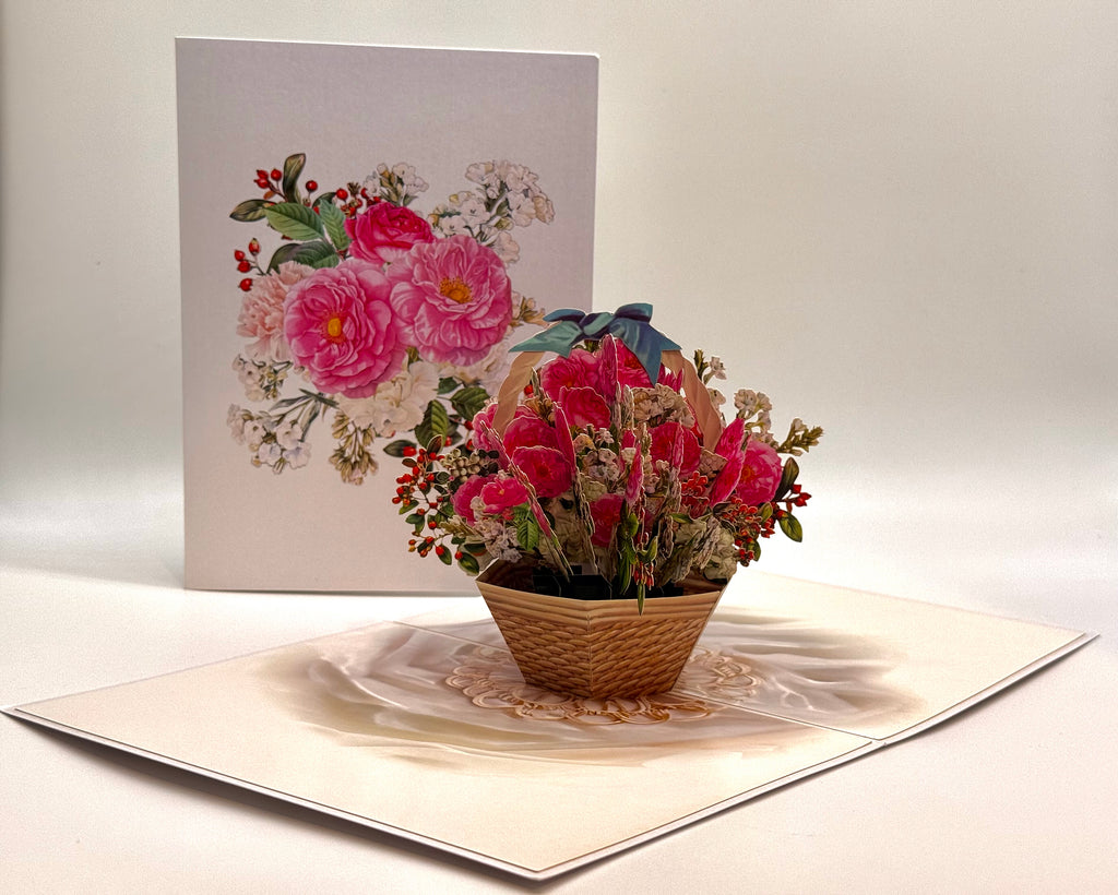Hot Pink & White Peony Rose Basket Origami Pop Cards 3D Pop Up Greeting Card Happy Birthday Thank You Handmade Gift Thinking of You Blank Card for Any Occasion Happy Mother's Day Happy Father's Australiana Celebrate the Beauty of Flower and Romantic