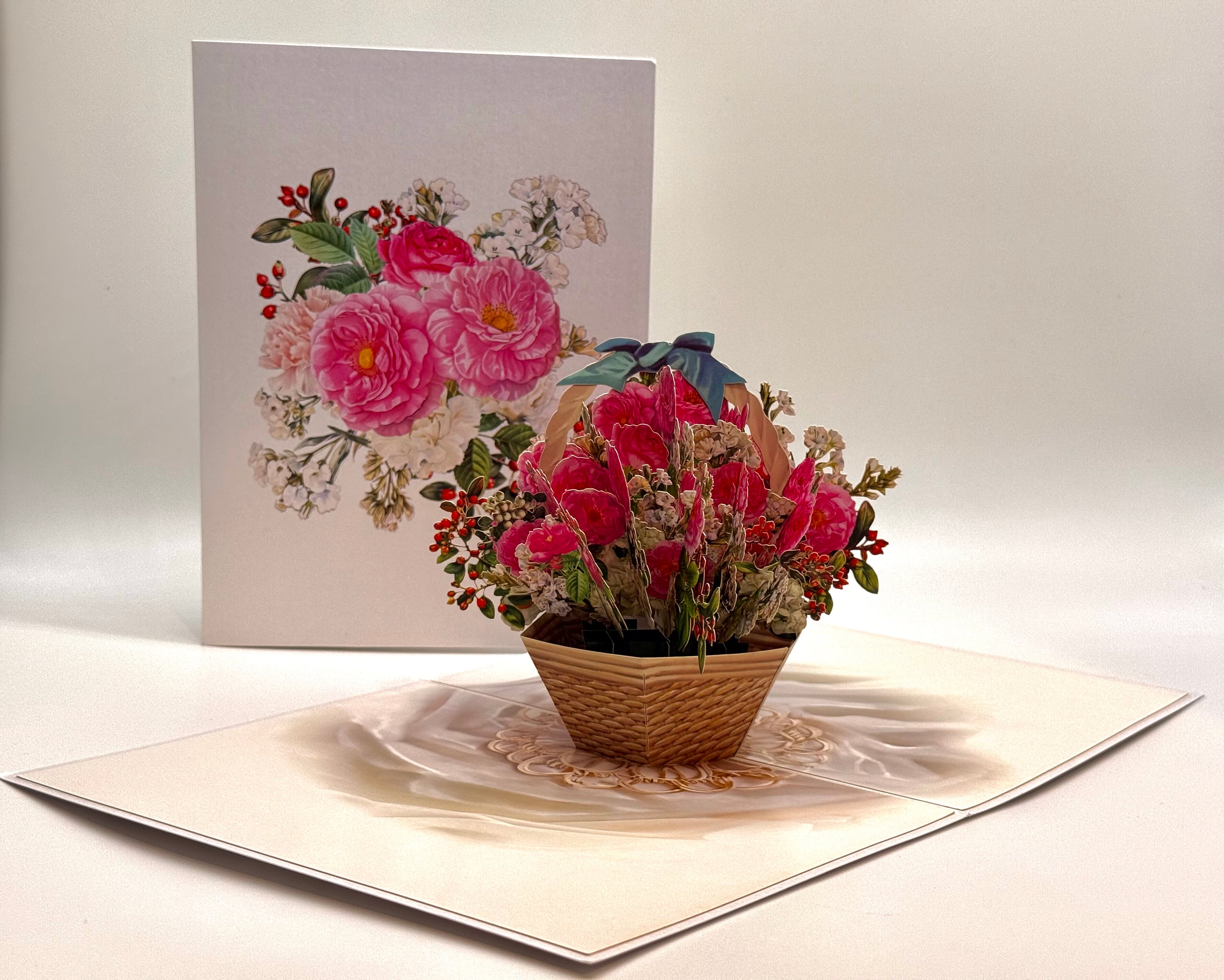Hot Pink & White Peony Rose Basket Origami Pop Cards 3D Pop Up Greeting Card Happy Birthday Thank You Handmade Gift Thinking of You Blank Card for Any Occasion Happy Mother's Day Happy Father's Australiana Celebrate the Beauty of Flower and Romantic