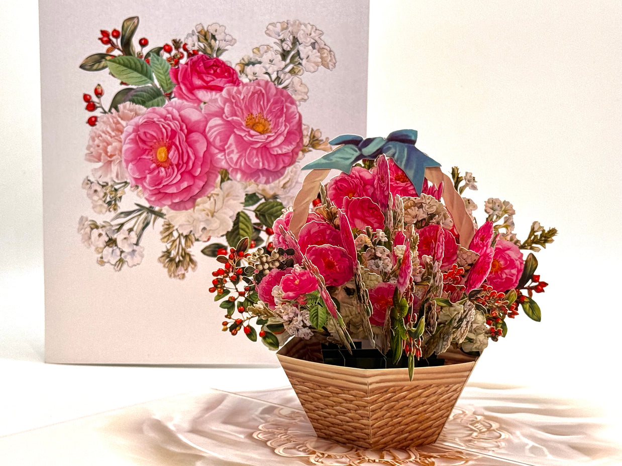Hot Pink & White Peony Rose Basket Origami Pop Cards 3D Pop Up Greeting Card Happy Birthday Thank You Handmade Gift Thinking of You Blank Card for Any Occasion Happy Mother's Day Happy Father's Australiana Celebrate the Beauty of Flower and Romantic