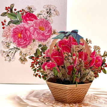 Hot Pink & White Peony Rose Basket Origami Pop Cards 3D Pop Up Greeting Card Happy Birthday Thank You Handmade Gift Thinking of You Blank Card for Any Occasion Happy Mother's Day Happy Father's Australiana Celebrate the Beauty of Flower and Romantic