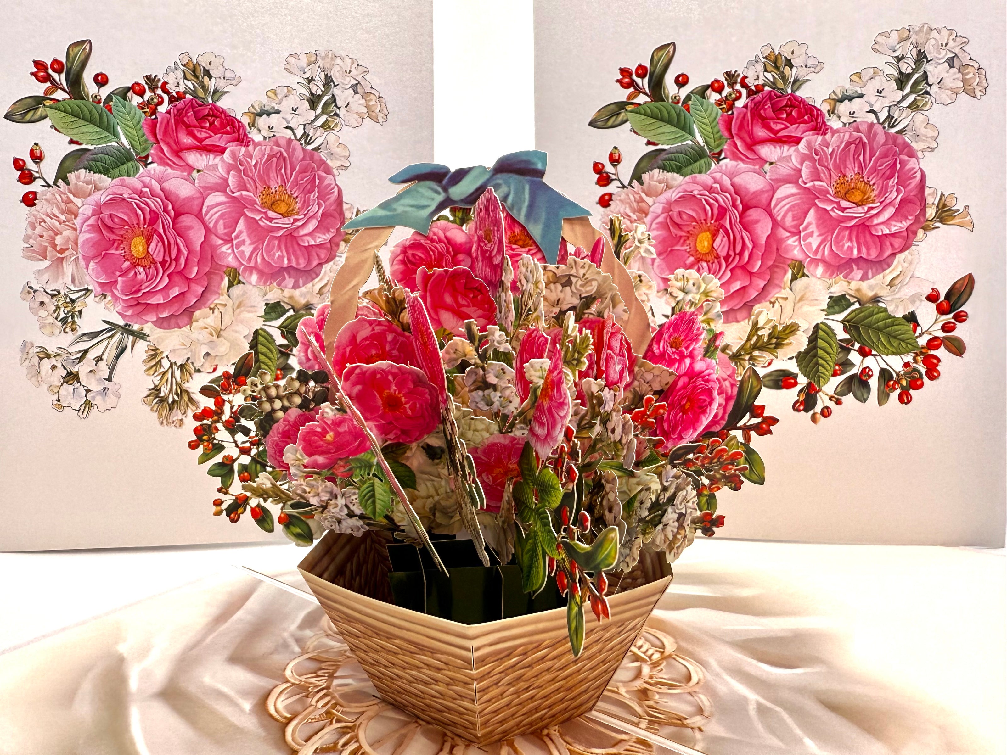 Hot Pink & White Peony Rose Basket Origami Pop Cards 3D Pop Up Greeting Card Happy Birthday Thank You Handmade Gift Thinking of You Blank Card for Any Occasion Happy Mother's Day Happy Father's Australiana Celebrate the Beauty of Flower and Romantic