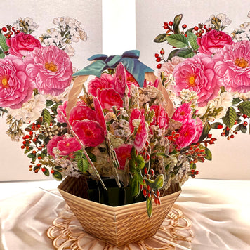 Hot Pink & White Peony Rose Basket Origami Pop Cards 3D Pop Up Greeting Card Happy Birthday Thank You Handmade Gift Thinking of You Blank Card for Any Occasion Happy Mother's Day Happy Father's Australiana Celebrate the Beauty of Flower and Romantic