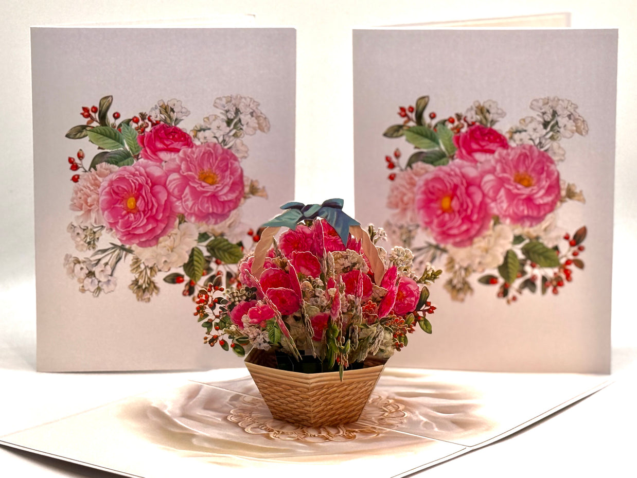 Hot Pink & White Peony Rose Basket Origami Pop Cards 3D Pop Up Greeting Card Happy Birthday Thank You Handmade Gift Thinking of You Blank Card for Any Occasion Happy Mother's Day Happy Father's Australiana Celebrate the Beauty of Flower and Romantic