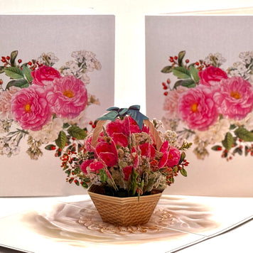 Hot Pink & White Peony Rose Basket Origami Pop Cards 3D Pop Up Greeting Card Happy Birthday Thank You Handmade Gift Thinking of You Blank Card for Any Occasion Happy Mother's Day Happy Father's Australiana Celebrate the Beauty of Flower and Romantic