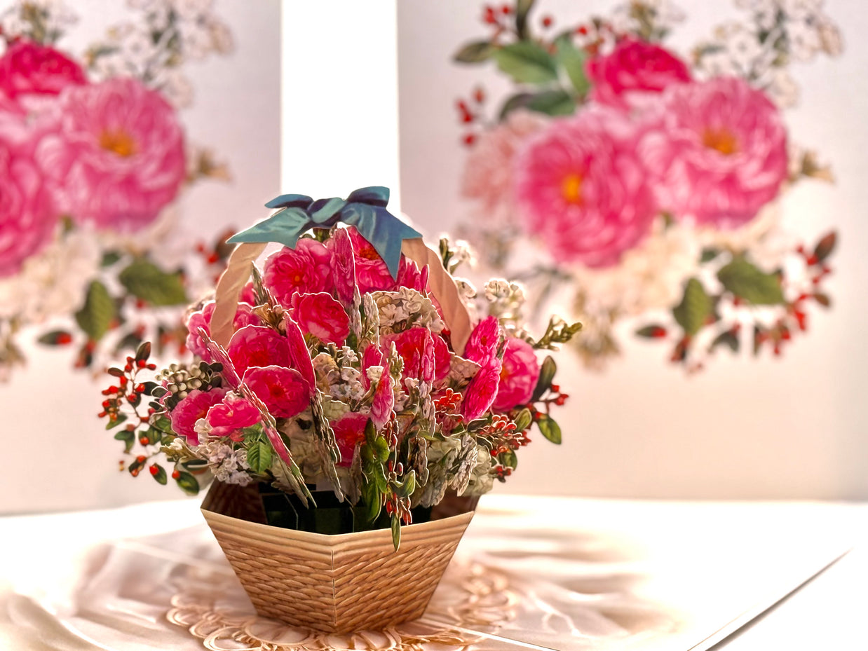 Hot Pink & White Peony Rose Basket Origami Pop Cards 3D Pop Up Greeting Card Happy Birthday Thank You Handmade Gift Thinking of You Blank Card for Any Occasion Happy Mother's Day Happy Father's Australiana Celebrate the Beauty of Flower and Romantic