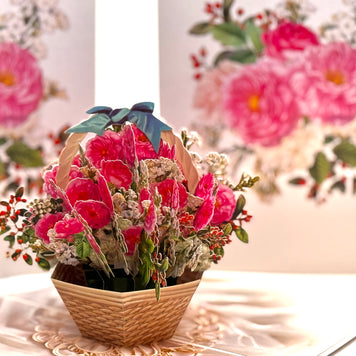 Hot Pink & White Peony Rose Basket Origami Pop Cards 3D Pop Up Greeting Card Happy Birthday Thank You Handmade Gift Thinking of You Blank Card for Any Occasion Happy Mother's Day Happy Father's Australiana Celebrate the Beauty of Flower and Romantic