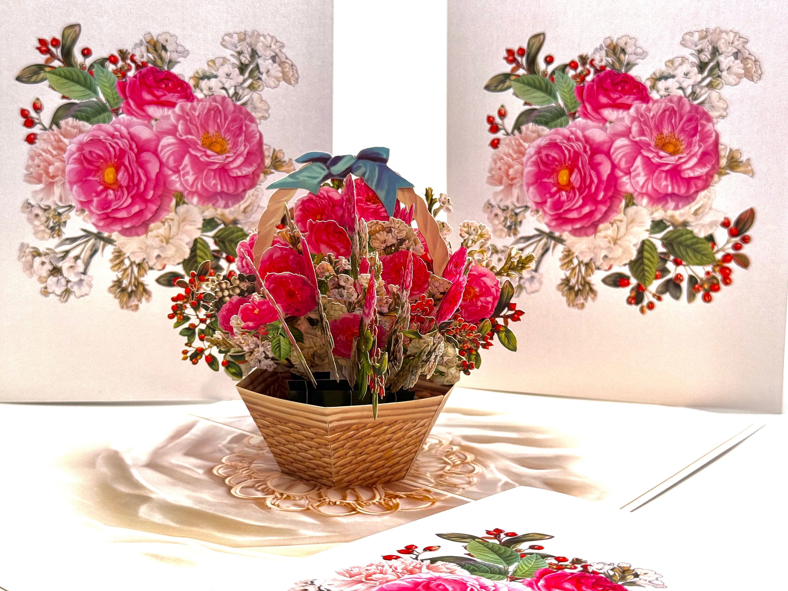 Hot Pink & White Peony Rose Basket Origami Pop Cards 3D Pop Up Greeting Card Happy Birthday Thank You Handmade Gift Thinking of You Blank Card for Any Occasion Happy Mother's Day Happy Father's Australiana Celebrate the Beauty of Flower and Romantic