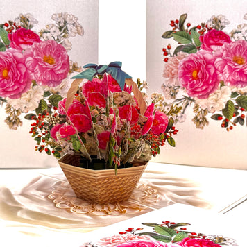 Hot Pink & White Peony Rose Basket Origami Pop Cards 3D Pop Up Greeting Card Happy Birthday Thank You Handmade Gift Thinking of You Blank Card for Any Occasion Happy Mother's Day Happy Father's Australiana Celebrate the Beauty of Flower and Romantic