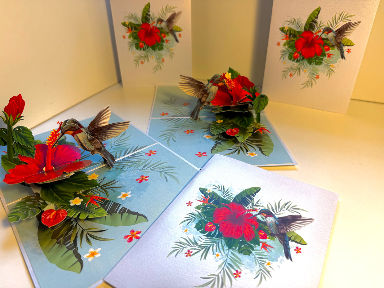 Hummingbird Attracting Red Hibiscus Flowers Origami Pop Cards 3D Pop Up Greeting Card Celebrate Happy Birthday Thank You Handmade Best Wishes Gift Thinking of You Blank Card for Any Occasion Happy Mother's Day Happy Father's Day Australiana Birds