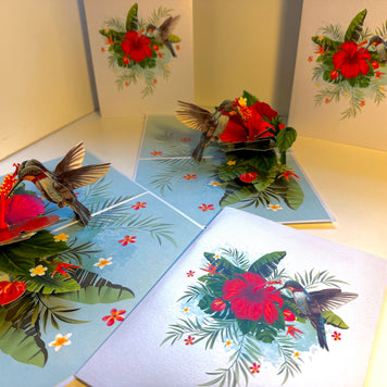 Hummingbird Attracting Red Hibiscus Flowers Origami Pop Cards 3D Pop Up Greeting Card Celebrate Happy Birthday Thank You Handmade Best Wishes Gift Thinking of You Blank Card for Any Occasion Happy Mother's Day Happy Father's Day Australiana Birds