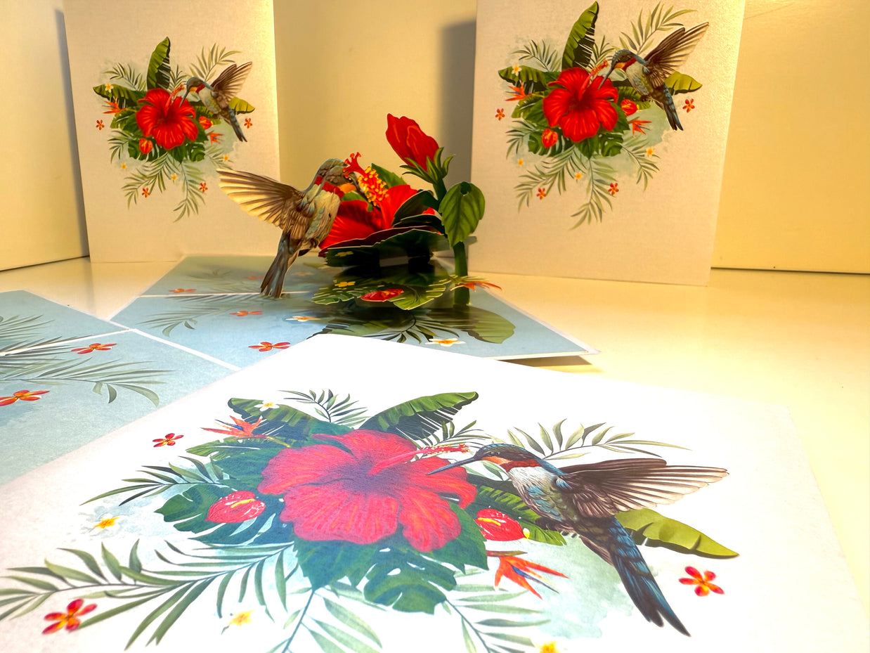 Hummingbird Attracting Red Hibiscus Flowers Origami Pop Cards 3D Pop Up Greeting Card Celebrate Happy Birthday Thank You Handmade Best Wishes Gift Thinking of You Blank Card for Any Occasion Happy Mother's Day Happy Father's Day Australiana Birds